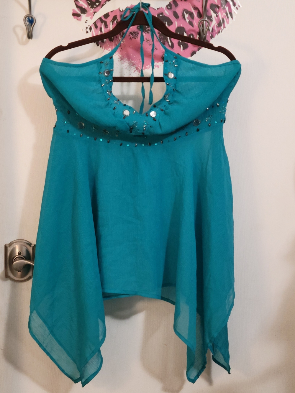 rave Turquoise Halter Beaded Handkerchief Hem Tank Top